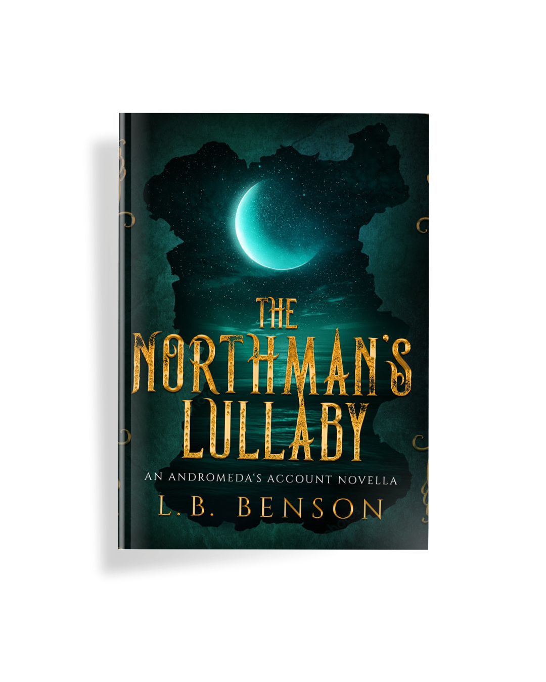 Book cover with green background, crescent moon, and gold title that says The Northman's Lullaby