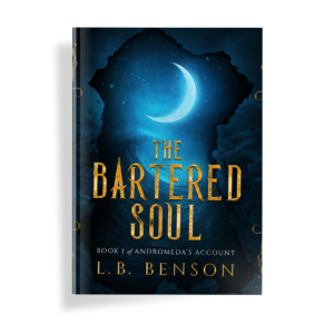 Dark blue book cover with crescent moon and ocean. Gold letters spell The Bartered Soul title.