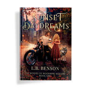 Book Cover with man and woman standing on a city street in front of a motorcycle and wolf with title Sunset Daydreams.